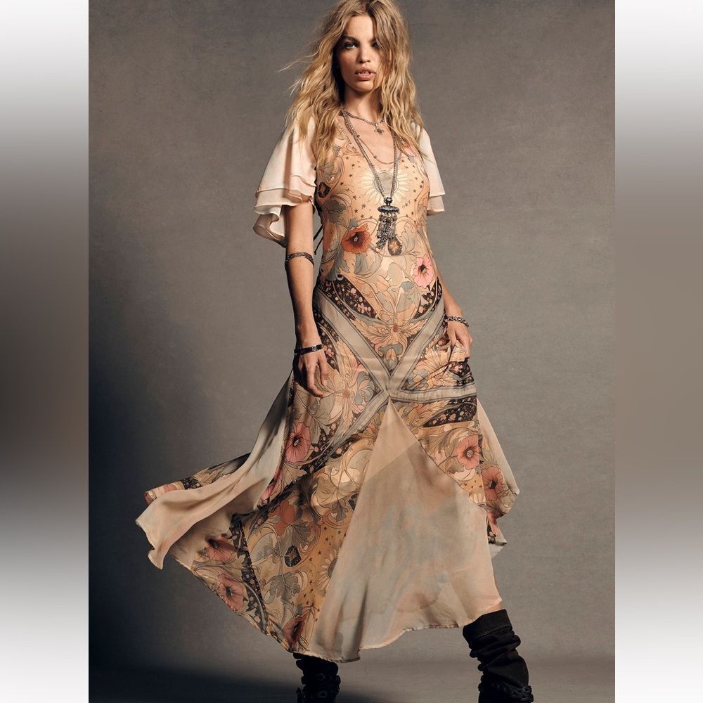 Free People Peach Floral Maxi Dress with Sheer Flutter Sleeves